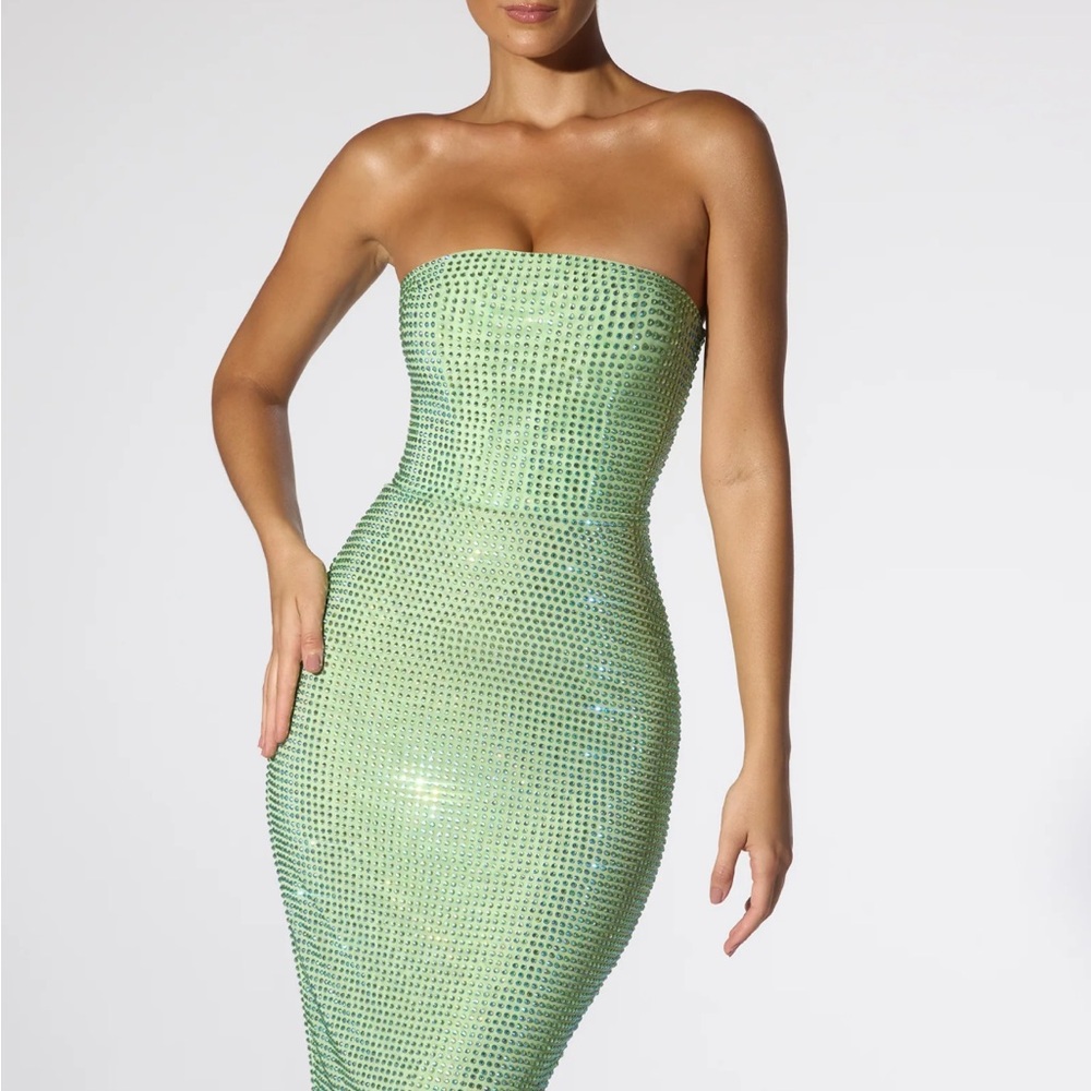Oh Polly Daleyza Embellished Strapless Evening Gown in Sage